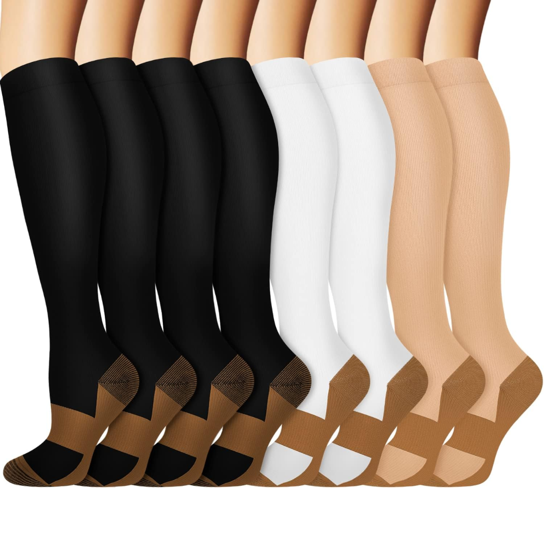 Gradual Compression Copper Socks 15-20mmHg (8 Pairs) - StepRelief-4 Black - 2 White - 2 Nude-S-M-State of Style