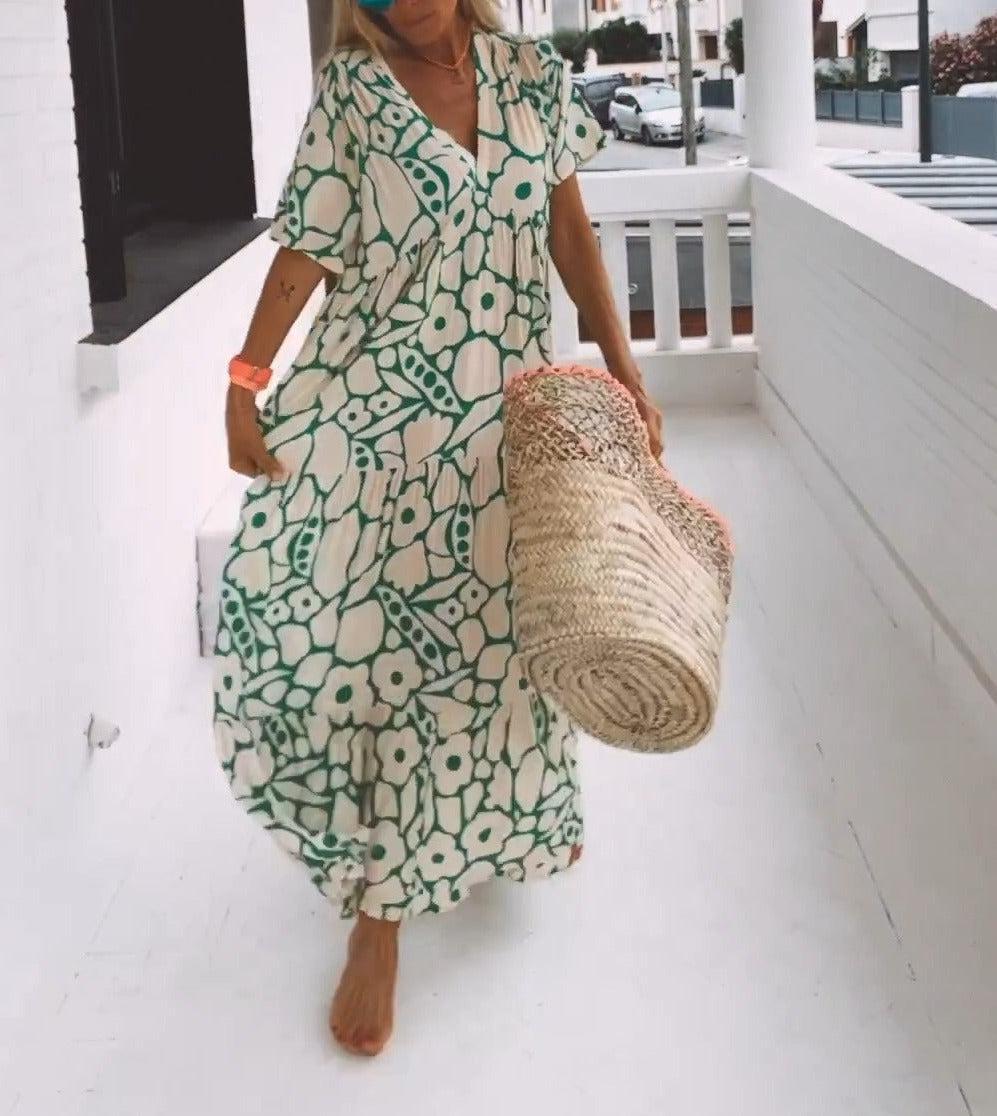 Green Maxi Dress with Short Sleeves and Print - Elisa-XS-State of Style