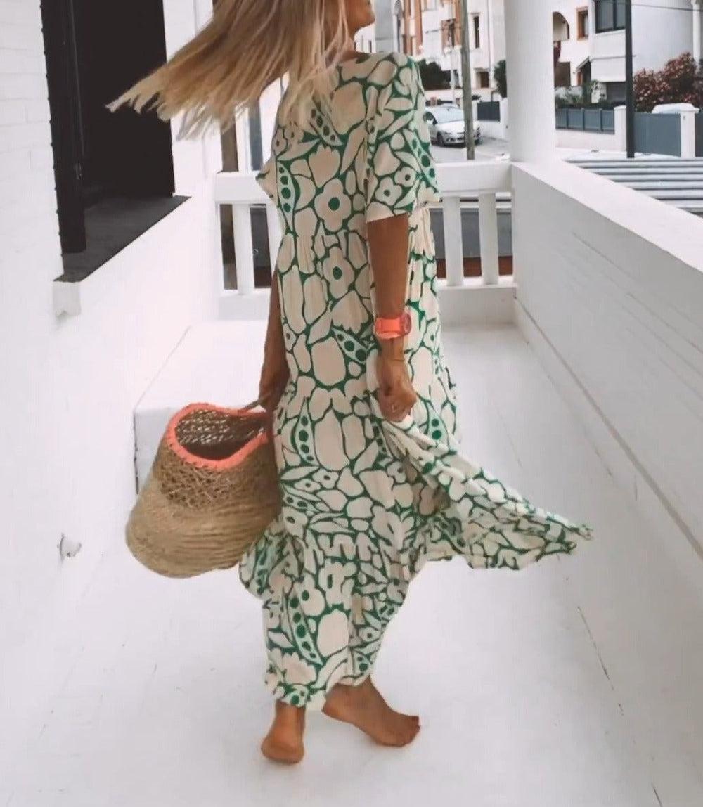 Green Maxi Dress with Short Sleeves and Print - Elisa-XS-State of Style