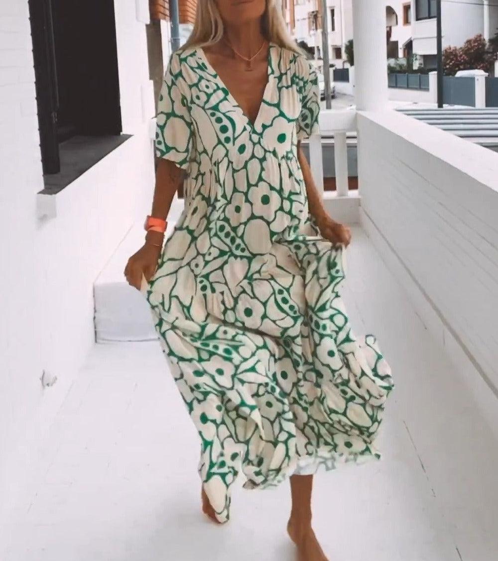 Green Maxi Dress with Short Sleeves and Print - Elisa-XS-State of Style