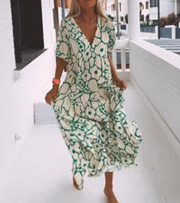 Green Maxi Dress with Short Sleeves and Print - Elisa-XS-State of Style