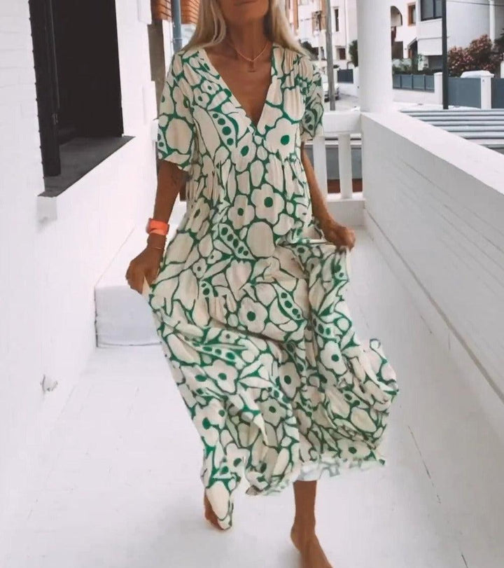 Green Maxi Dress with Short Sleeves and Print - Elisa-XS-State of Style