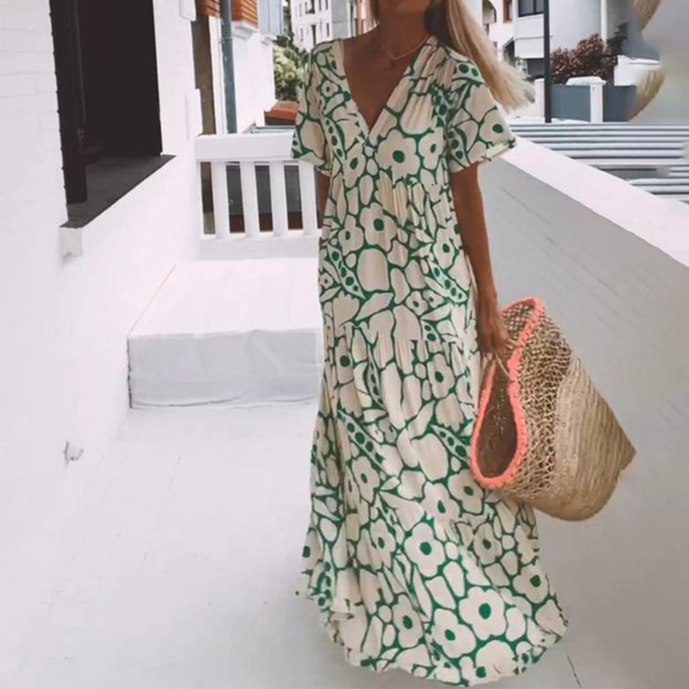 Green Maxi Dress with Short Sleeves and Print - Elisa-XS-State of Style