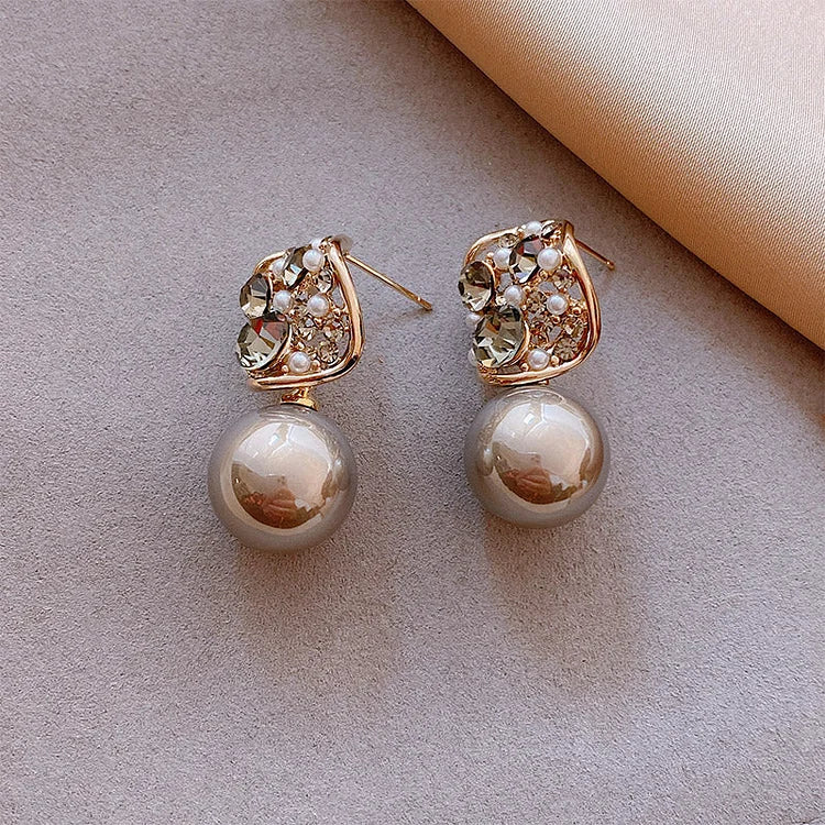 Grey/Taupe Luxury Crystal Pearl Earrings - Eloria-Taupe-State of Style