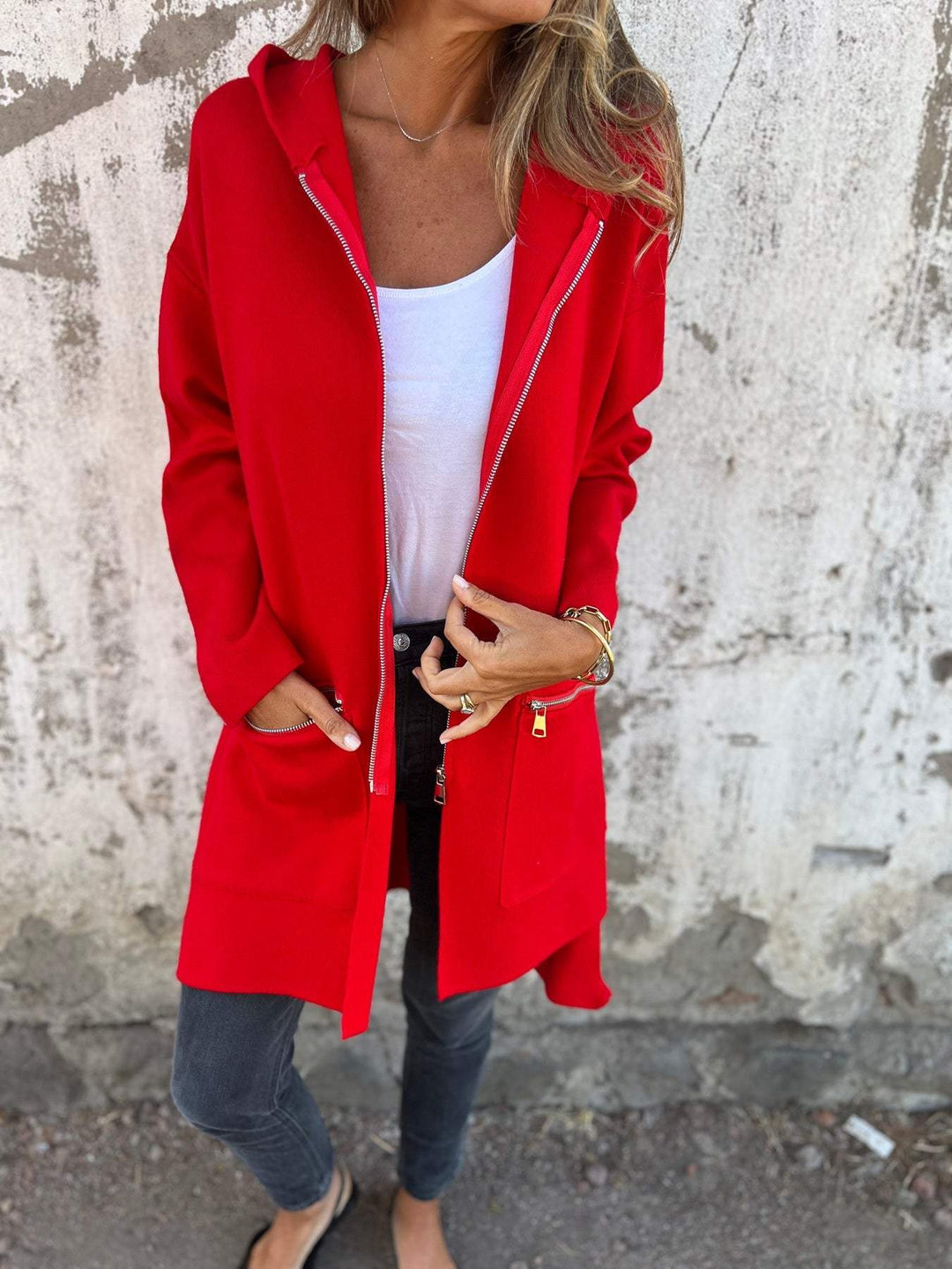 Half-Length Hooded Zip-Up Jacket - Isla-Red-S-State of Style
