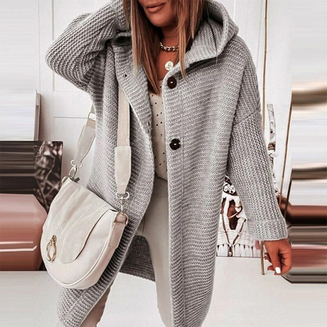 Half-length Knitted Women's Cardigan with Button Closure and Hood - Mila-Grey-S-State of Style