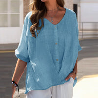 Half-Sleeve Plus-Size V-Neck Buttoned Top-Blue-S-State of Style