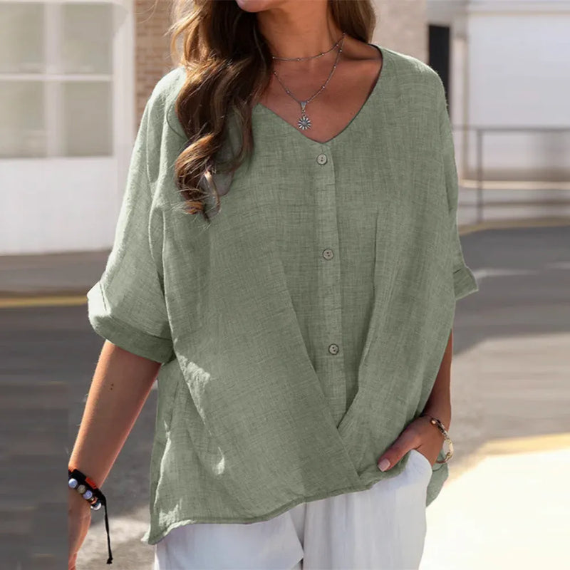 Half-Sleeve Plus-Size V-Neck Buttoned Top-Green-S-State of Style