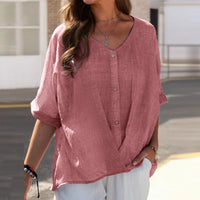 Half-Sleeve Plus-Size V-Neck Buttoned Top-Pink-S-State of Style