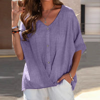 Half-Sleeve Plus-Size V-Neck Buttoned Top-Purple-S-State of Style