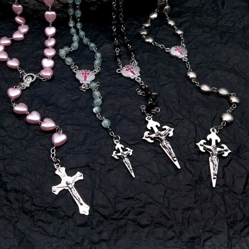 Heart-Shaped Cat’s Eye Stone Rosary Necklace – Elara-Pink Cat’s Eye Stone #Heart-State of Style