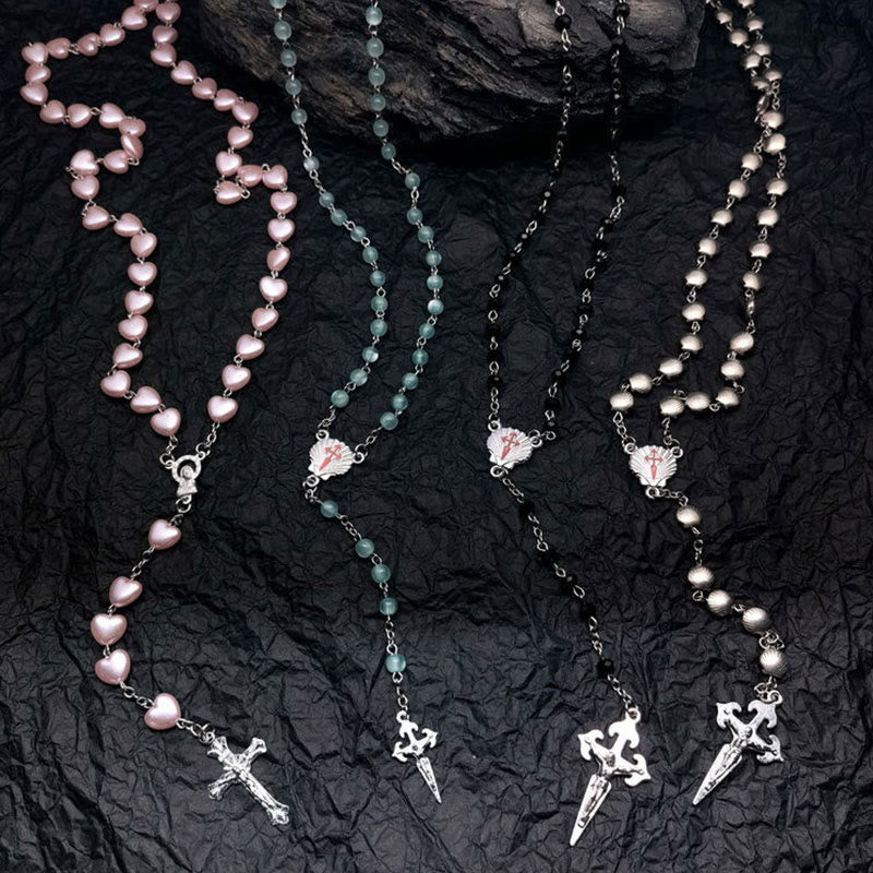Heart-Shaped Cat’s Eye Stone Rosary Necklace – Elara-Pink Cat’s Eye Stone #Heart-State of Style