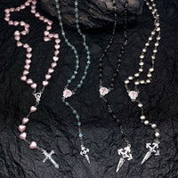 Heart-Shaped Cat’s Eye Stone Rosary Necklace – Elara-Pink Cat’s Eye Stone #Heart-State of Style