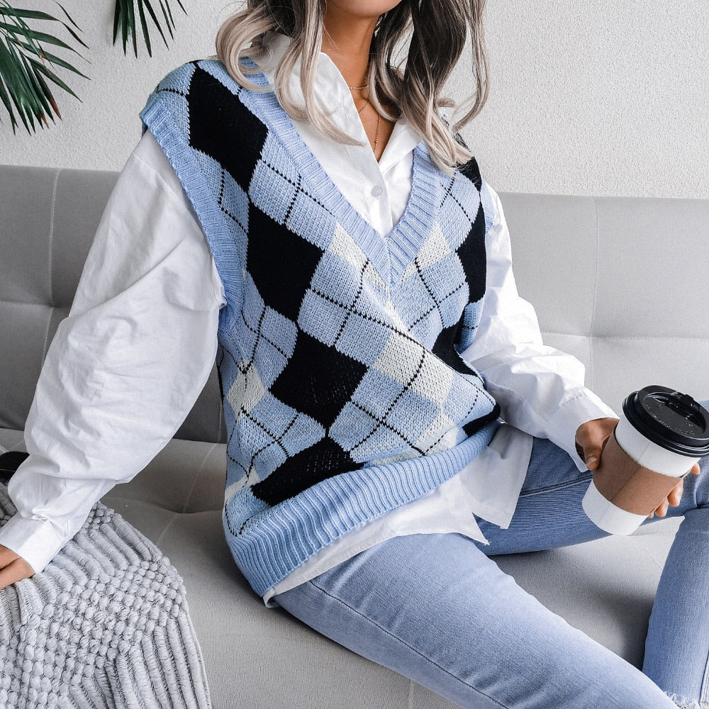 HenniesShirt | Women's Stylish Checkered Sweater-Blue-S-State of Style