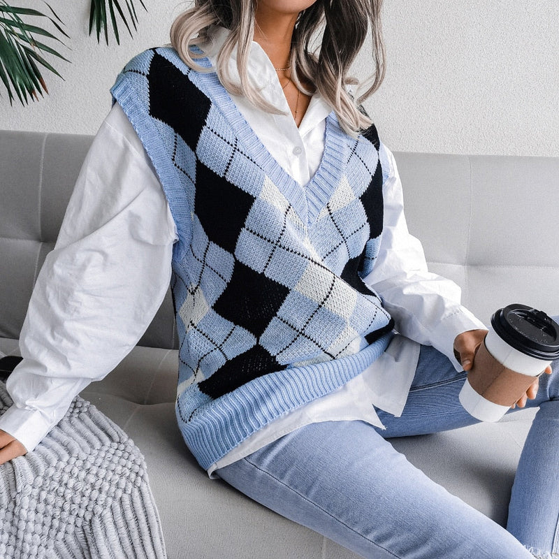 HenniesShirt | Women's Stylish Checkered Sweater-Blue-S-State of Style