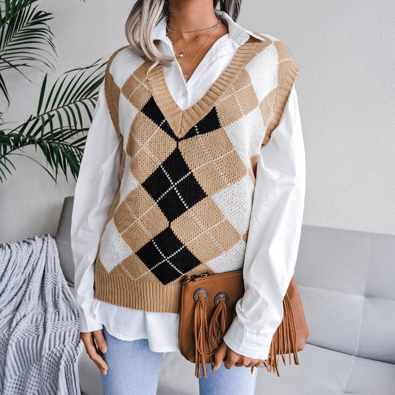 HenniesShirt | Women's Stylish Checkered Sweater-Khaki-S-State of Style