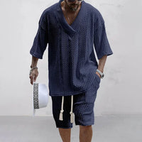 Henrik Knitted Two-Piece Set for Men – Shorts and Short-Sleeved Shirt-Navy Blue-S-State of Style