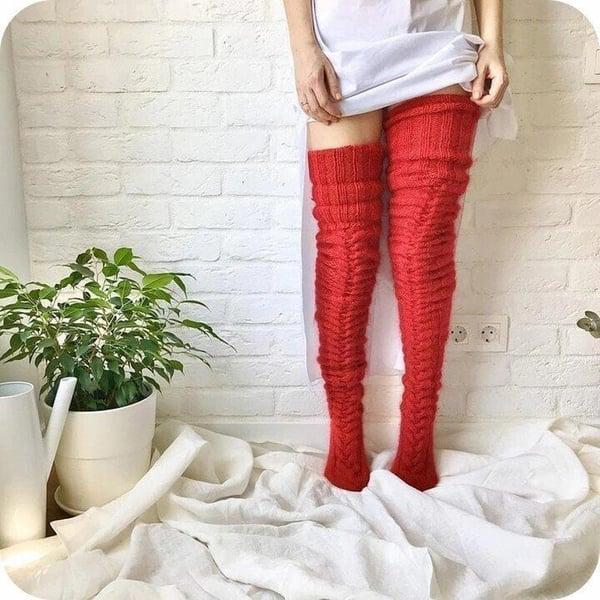 High Knitted Wool Ladies Socks - WarmWool-Red-State of Style