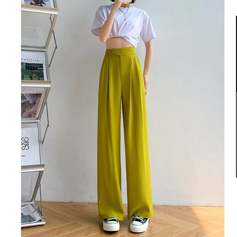 High-Waist Casual Women's Trousers with Wide Leg – Emilia-Yellow-S-State of Style