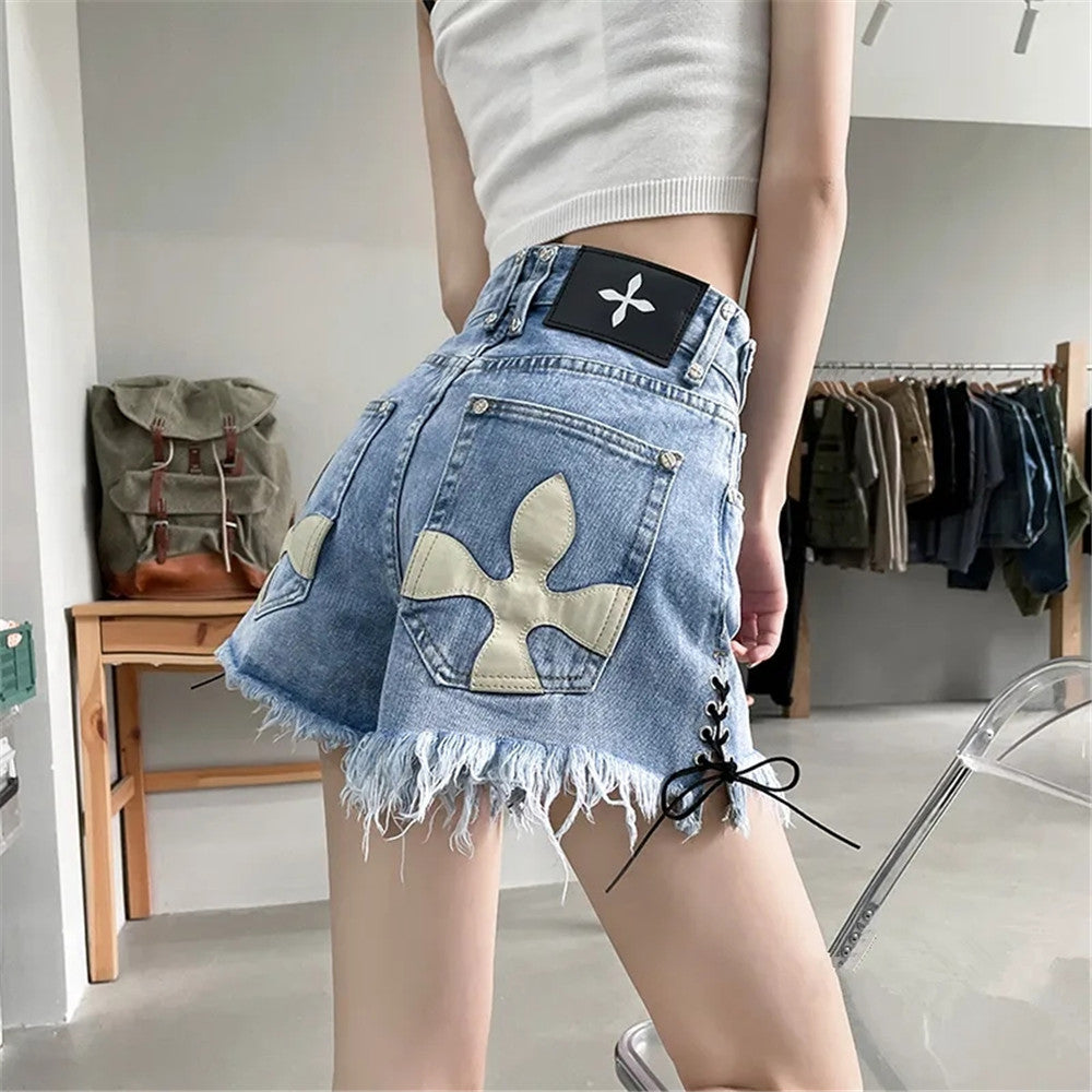 High-Waist Denim Shorts with Gothic Cross Print – Plus Size-Black-2XL-State of Style