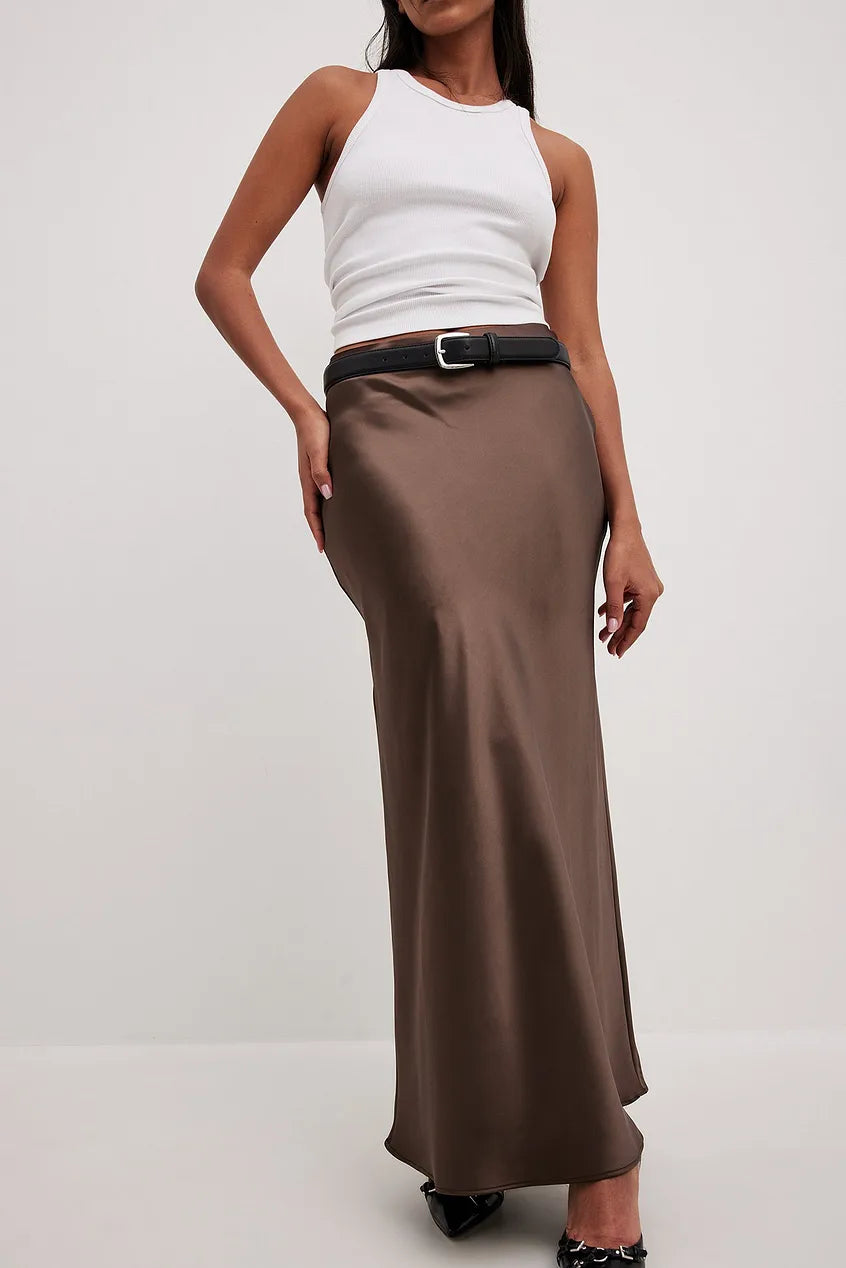 High Waist Satin Skirt – Leona-Brown-S-State of Style