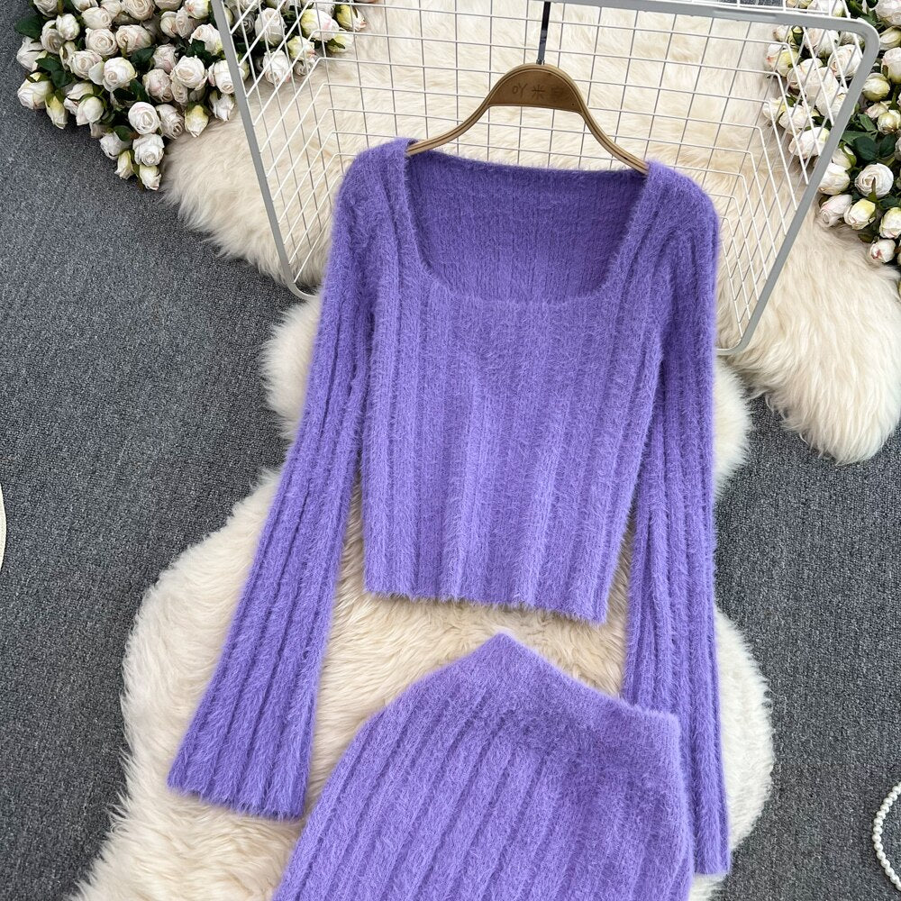 High Waist Skirt And Square Neck Sweater Set | Chic Two-Piece Outfit-Off-white-One size fits all-State of Style