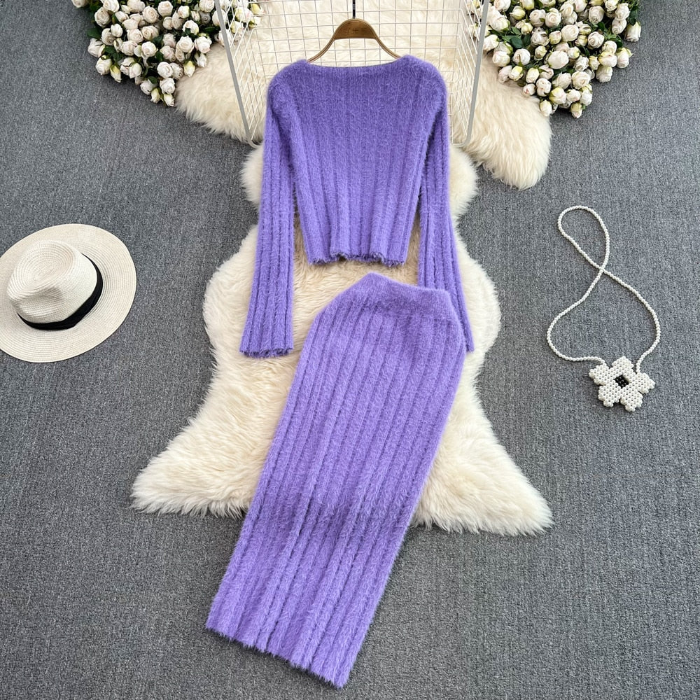 High Waist Skirt And Square Neck Sweater Set | Chic Two-Piece Outfit-Purple-One size fits all-State of Style