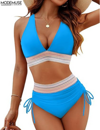 High Waist Trendy Bikini Set - Tessa made of quick-drying fabric-Blue-S-State of Style