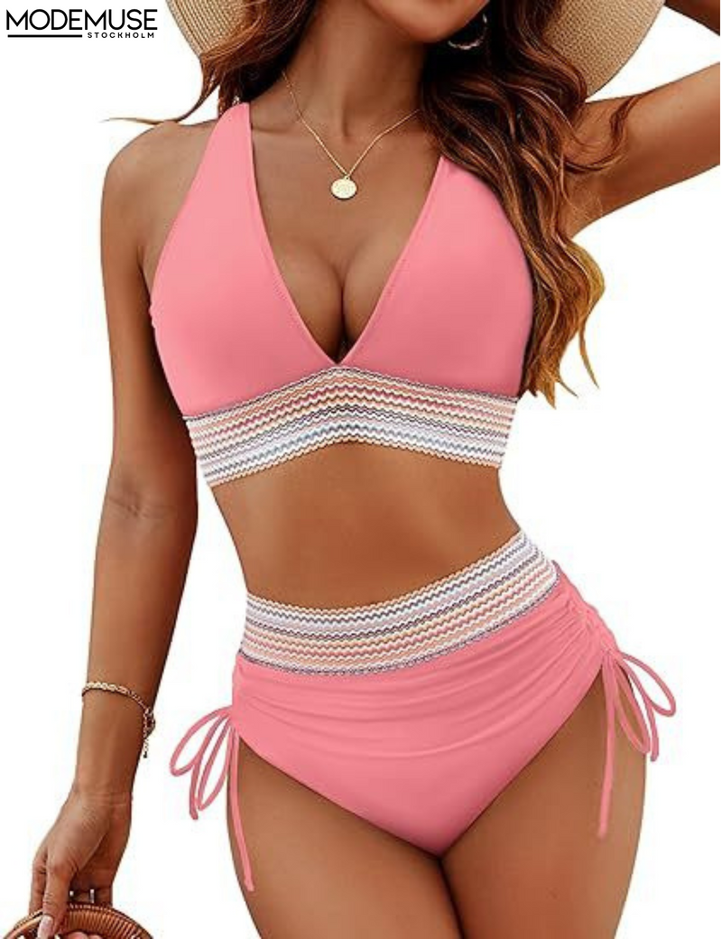 High Waist Trendy Bikini Set - Tessa made of quick-drying fabric-Light pink-S-State of Style