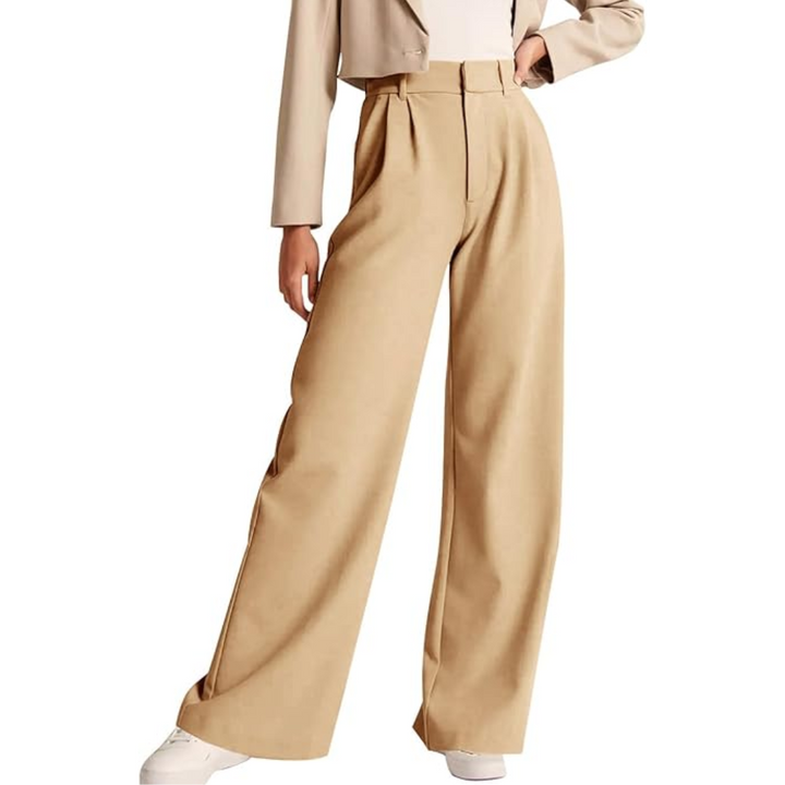 High Waisted Business Casual Work Trousers with Pockets - Katja-Khaki-S Short-State of Style