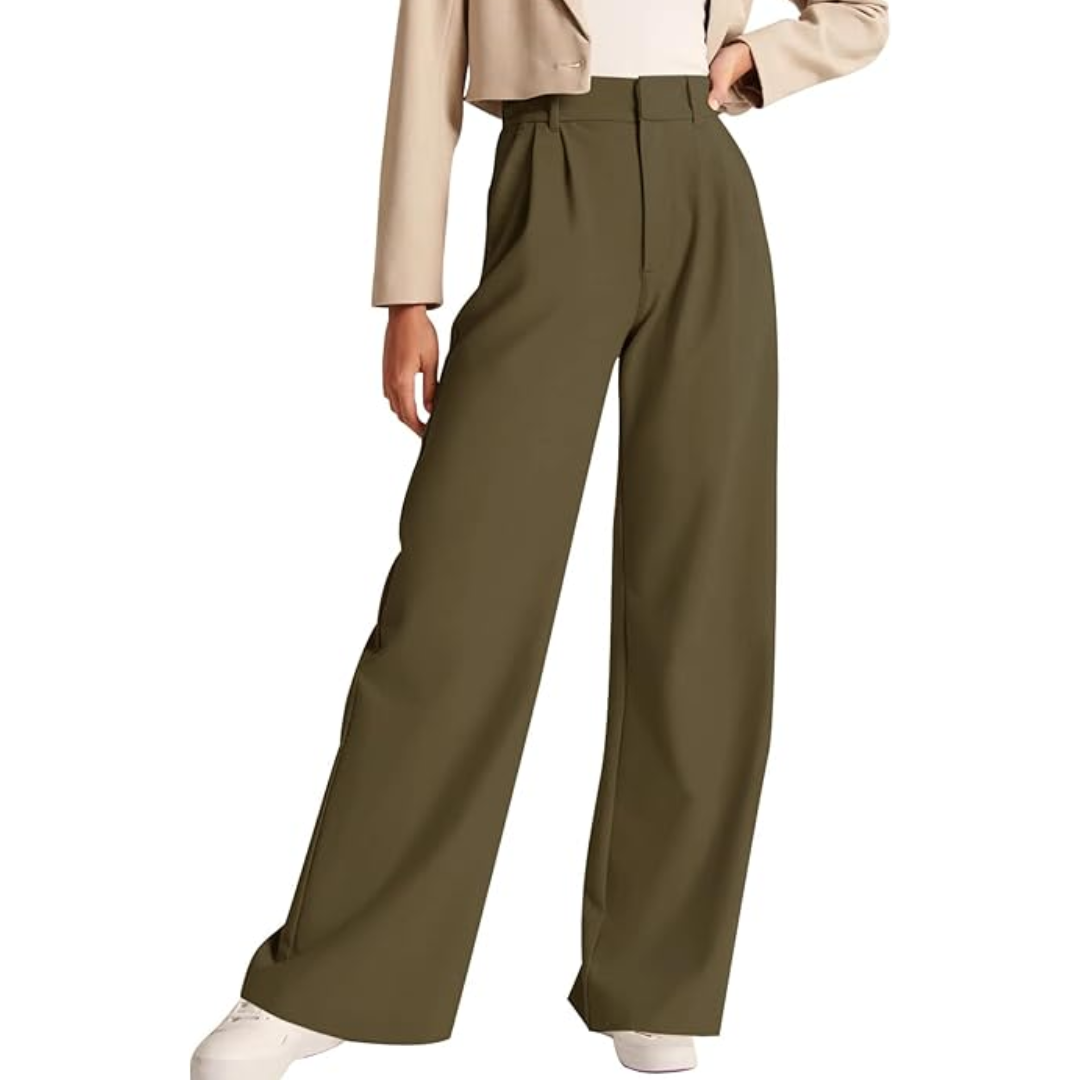 High Waisted Business Casual Work Trousers with Pockets - Katja-Olive green-S Short-State of Style