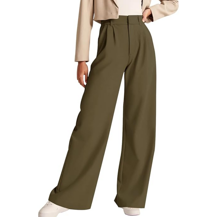 High Waisted Business Casual Work Trousers with Pockets - Katja-Olive green-S Short-State of Style
