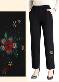 High-Waisted Embroidered Pants for Plus Sizes-Red Flower-Winter-XL-State of Style
