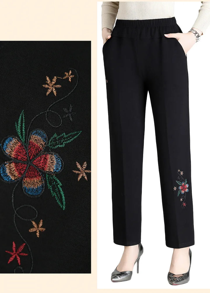 High-Waisted Embroidered Pants for Plus Sizes-Red Flower-Winter-XL-State of Style