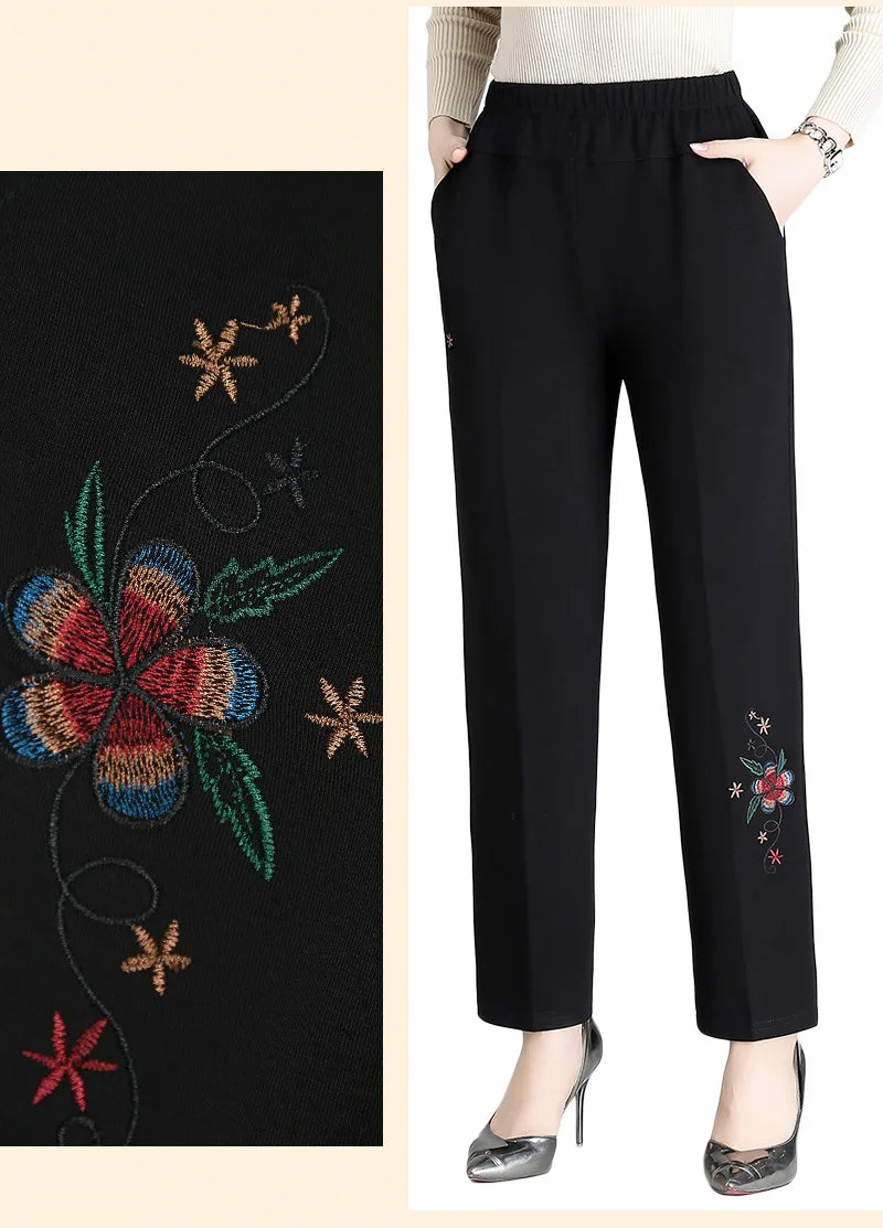 High-Waisted Embroidered Pants for Plus Sizes-Red Flower-Winter-XL-State of Style