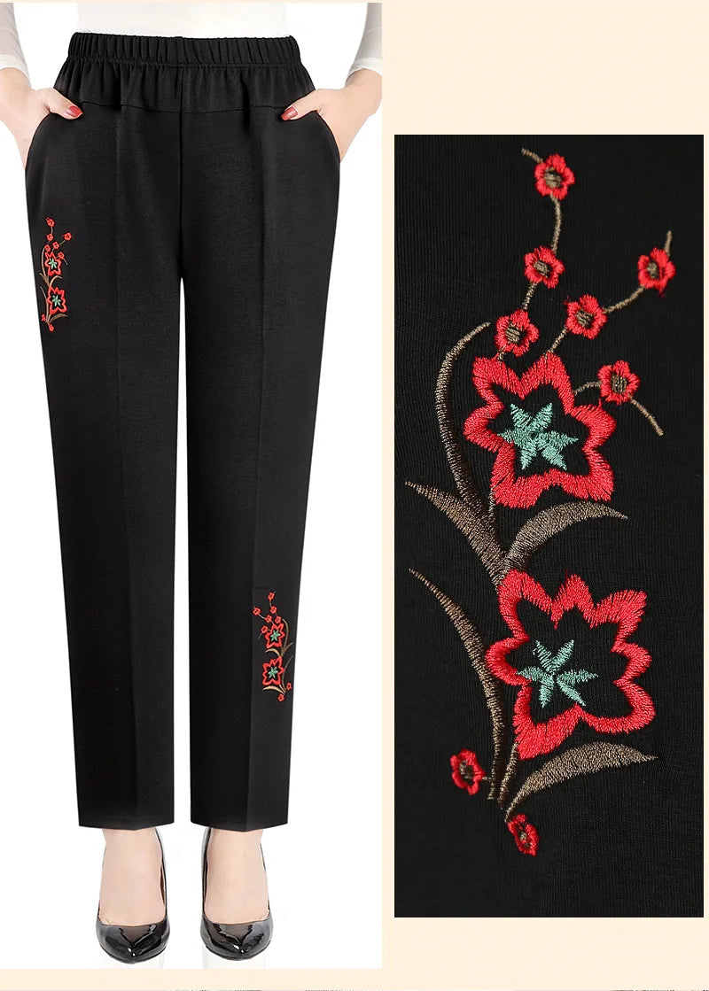 High-Waisted Embroidered Pants for Plus Sizes-Red Flower-Winter-XL-State of Style
