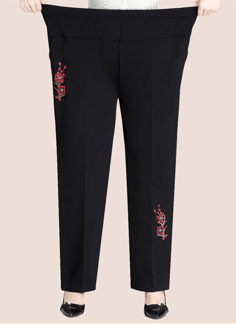 High-Waisted Embroidered Pants for Plus Sizes-Red Flower-Winter-XL-State of Style