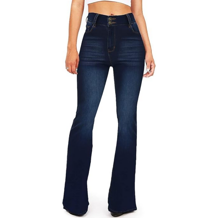 High-Waisted Flared Women's Jeans – Stella-Dark blue with 2 buttons-2XS-State of Style