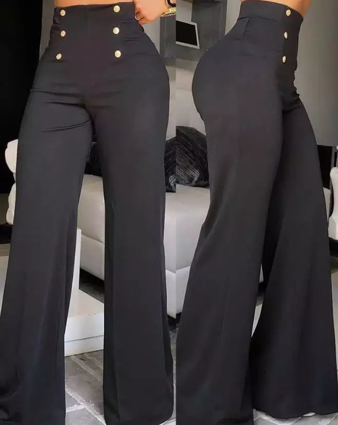 High-Waisted Pants with Side Buttons - Fiora-Black-S-State of Style