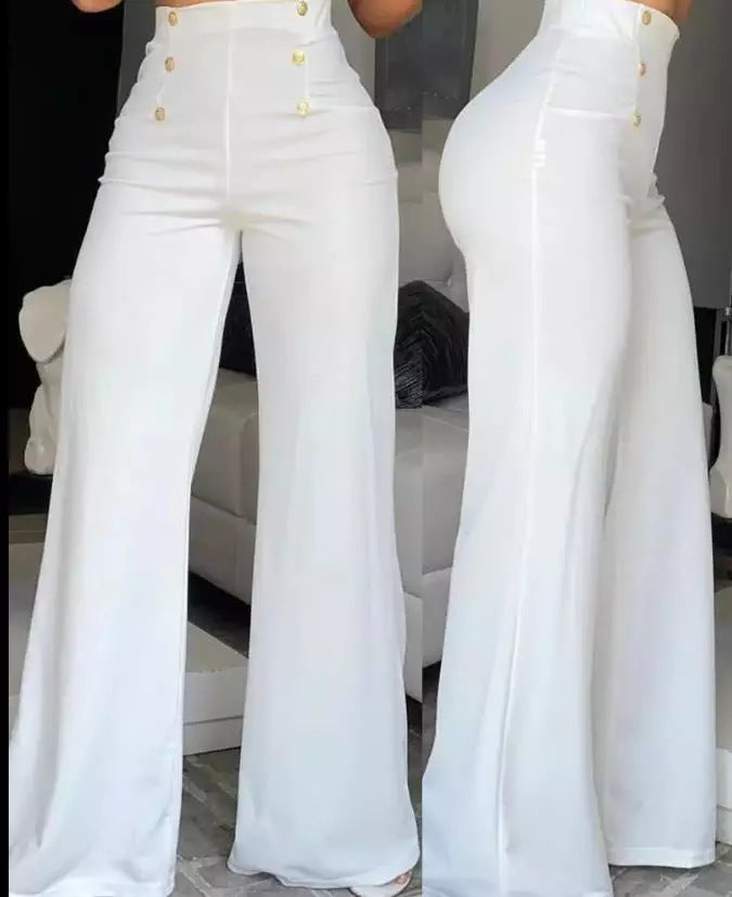 High-Waisted Pants with Side Buttons - Fiora-White-S-State of Style