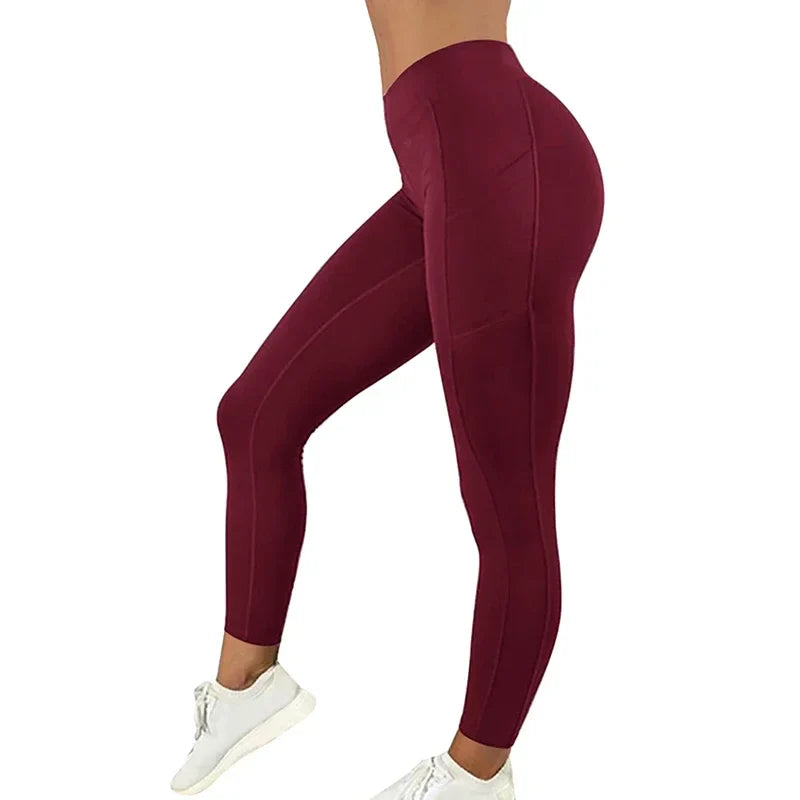 High-Waisted Plus Size Yoga Leggings with Pocket-Wine Red-2XL-State of Style