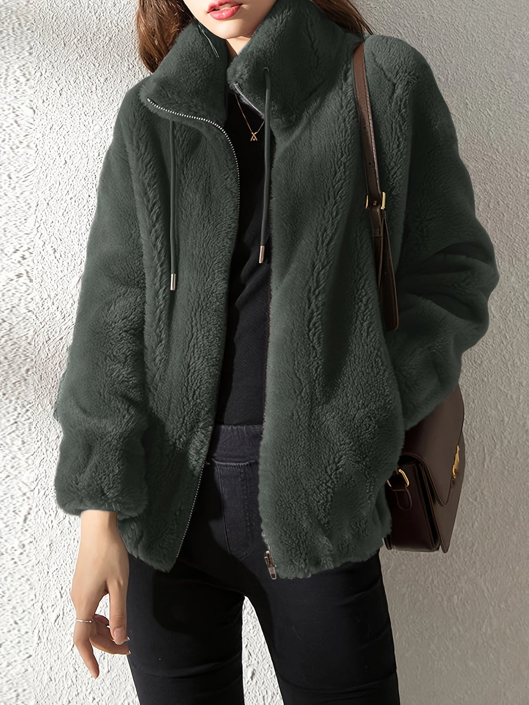 Hooded Teddy Jacket with Drawstring and Zip - Isla-Dark green-S-State of Style