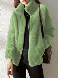 Hooded Teddy Jacket with Drawstring and Zip - Isla-Green-S-State of Style