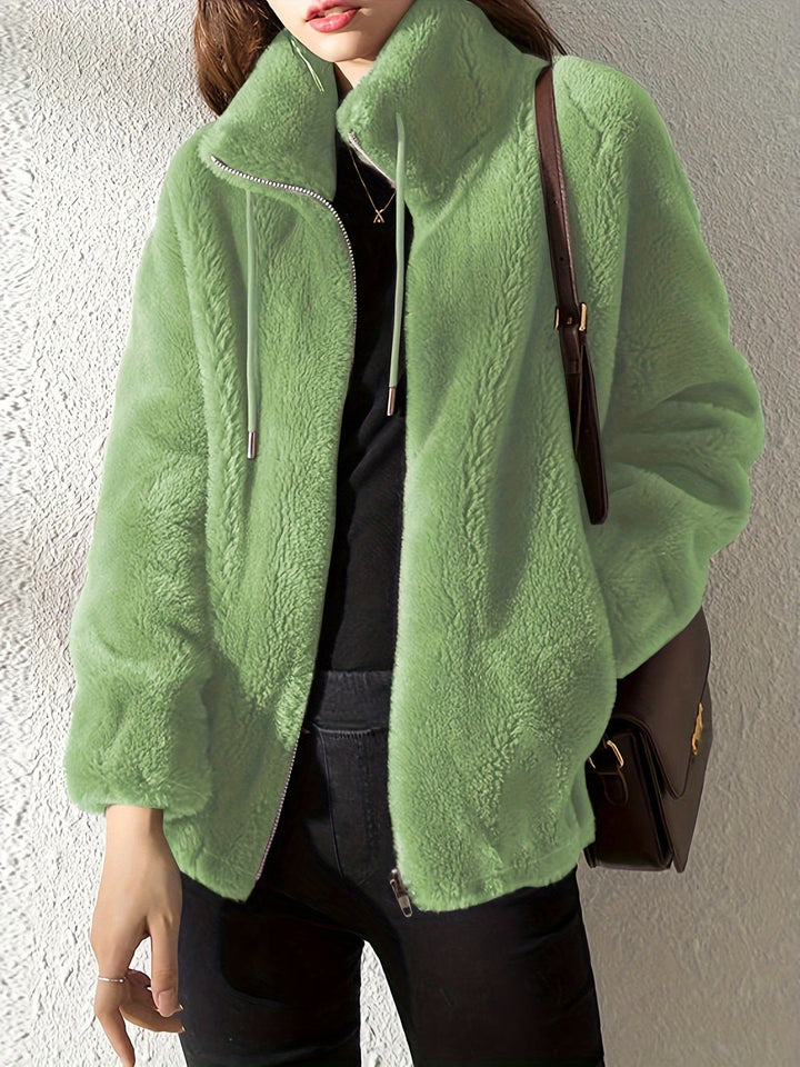Hooded Teddy Jacket with Drawstring and Zip - Isla-Green-S-State of Style