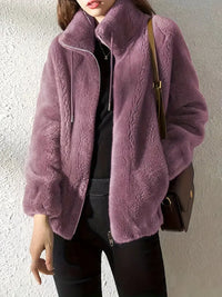 Hooded Teddy Jacket with Drawstring and Zip - Isla-Light purple-S-State of Style
