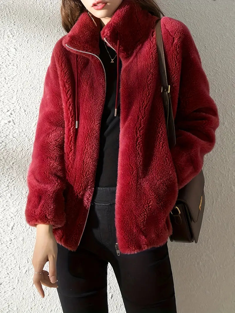 Hooded Teddy Jacket with Drawstring and Zip - Isla-Red-S-State of Style
