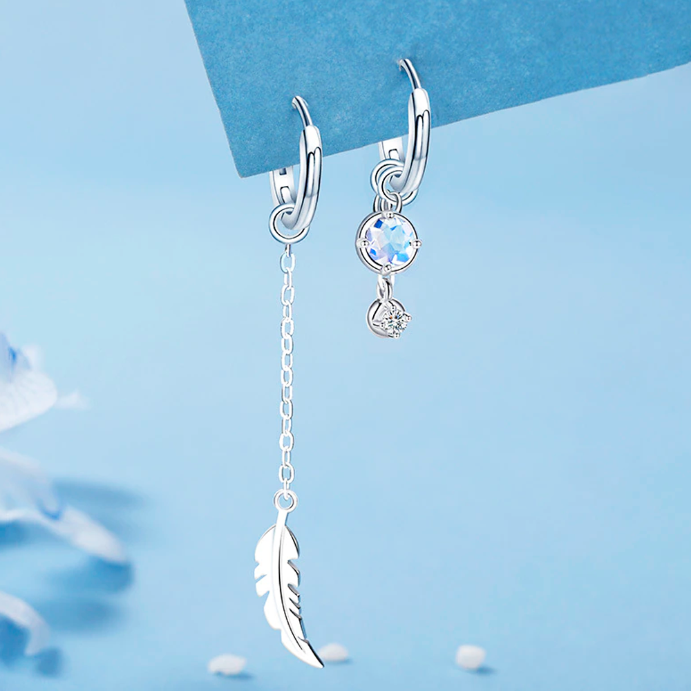 Elegant Asymmetric Feather Earrings | Sterling Silver Moonstone Jewellery