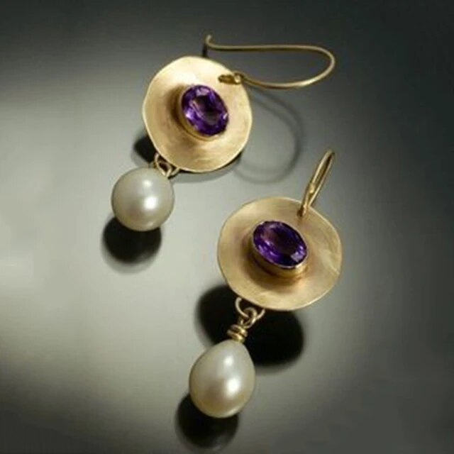 Gold-Plated Vintage Earrings with Pearl and Purple Zirconia – Amarise