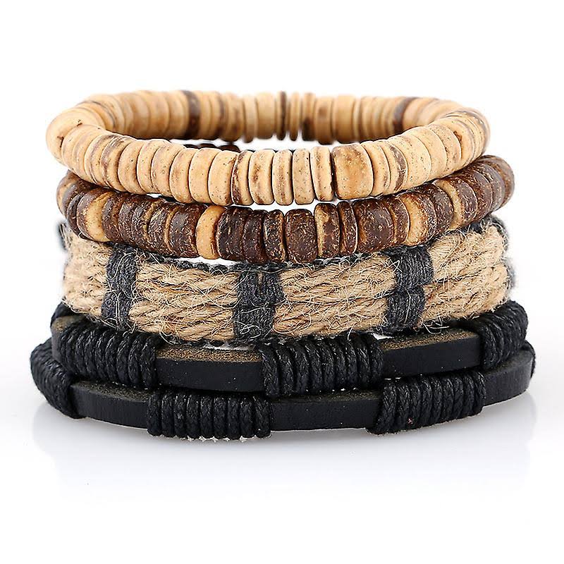 STYLISH 4-PIECE WOOD AND LEATHER BRACELET SET