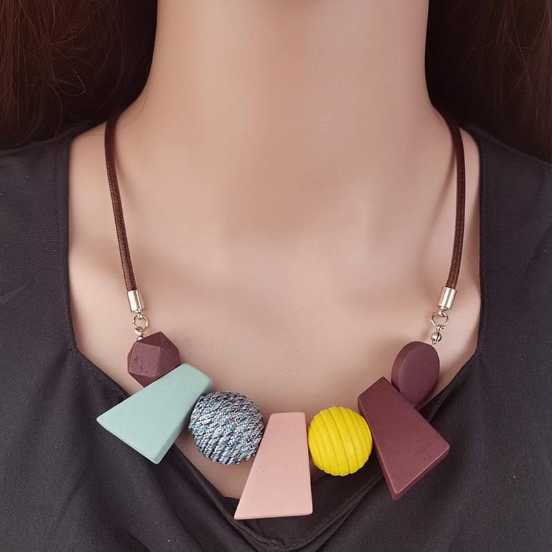 Ethnic Geometric Wooden Bead Necklace